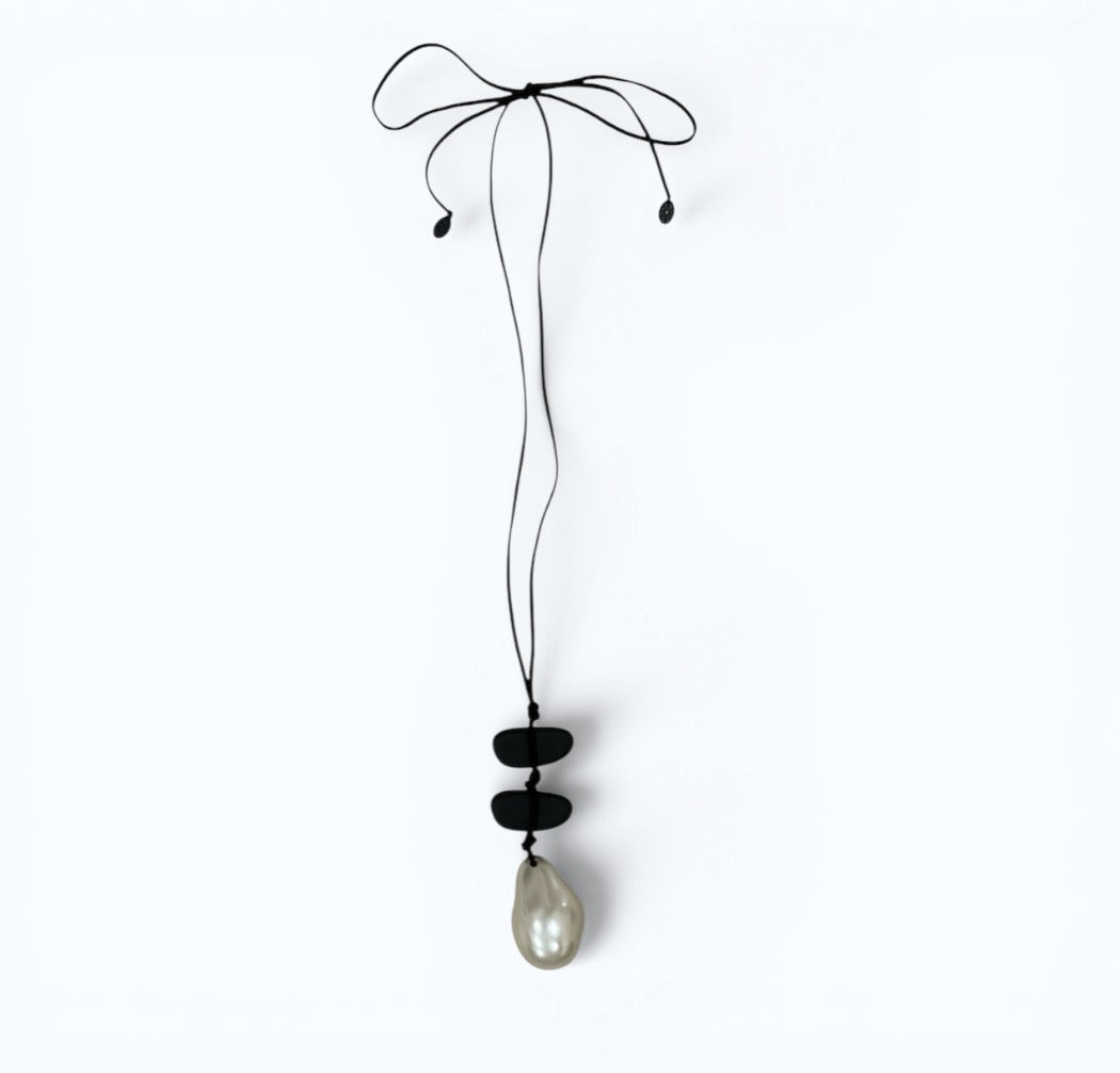 PEBBLE & PEARL DROP CORD NECKLACE