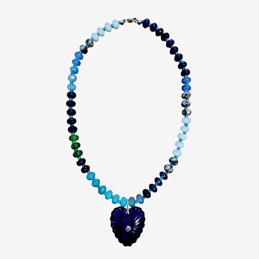 LAPIS TEXTURED HEART BEADED NECKLACE