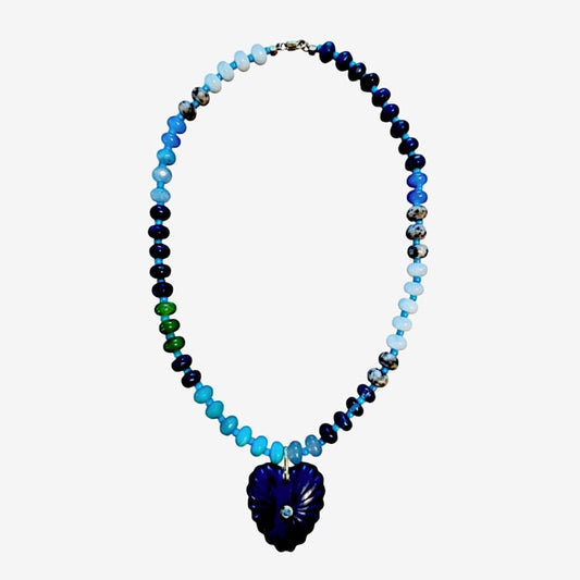LAPIS TEXTURED HEART BEADED NECKLACE