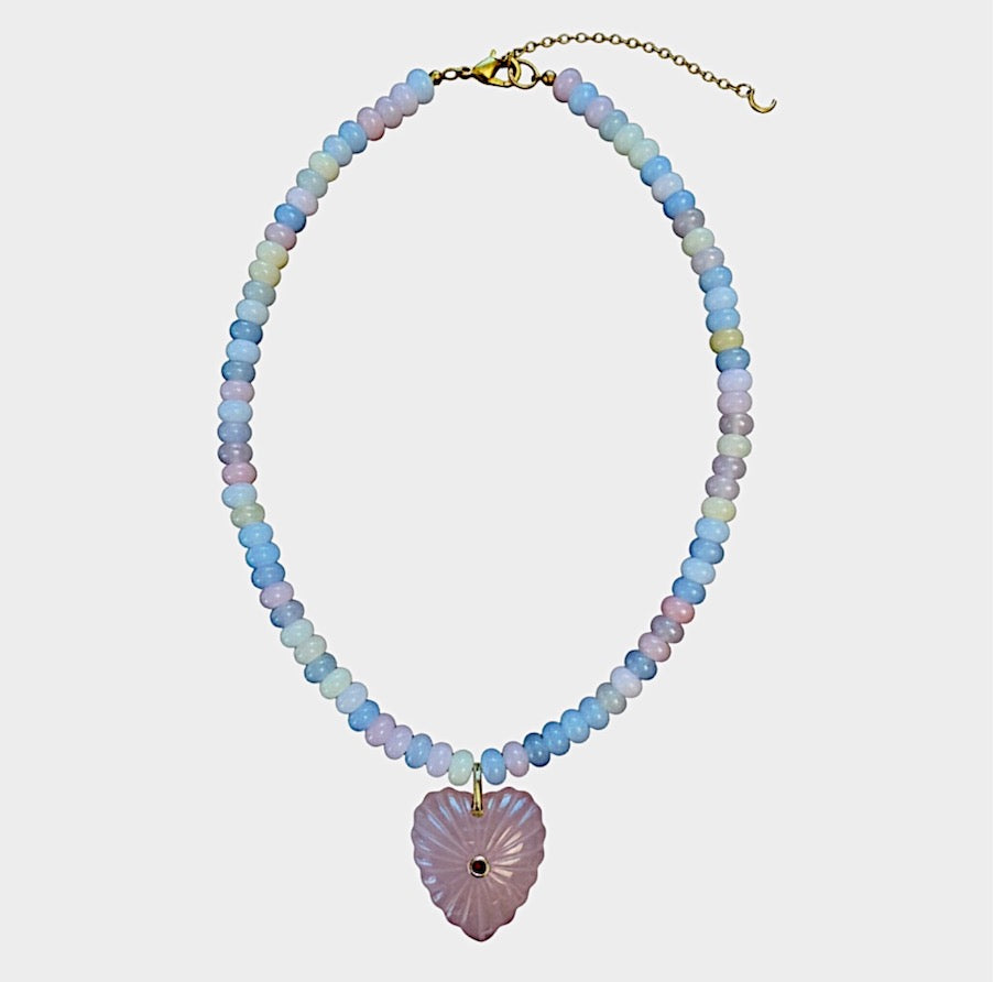 ROSE QUARTZ TEXTURED HEART BEADED NECKLACE