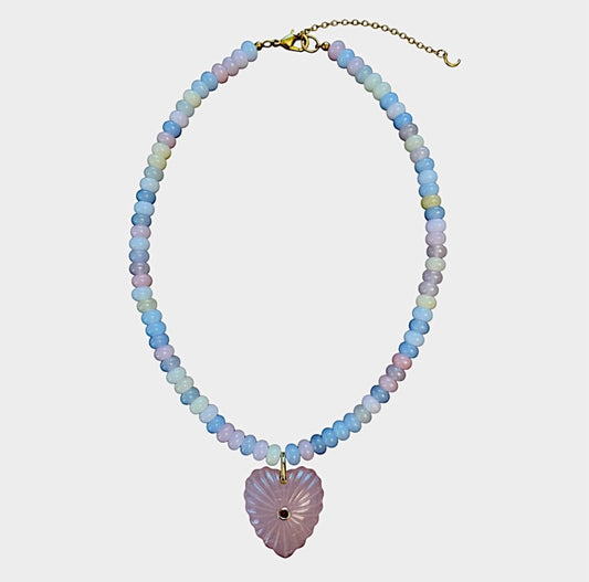 ROSE QUARTZ TEXTURED HEART BEADED NECKLACE